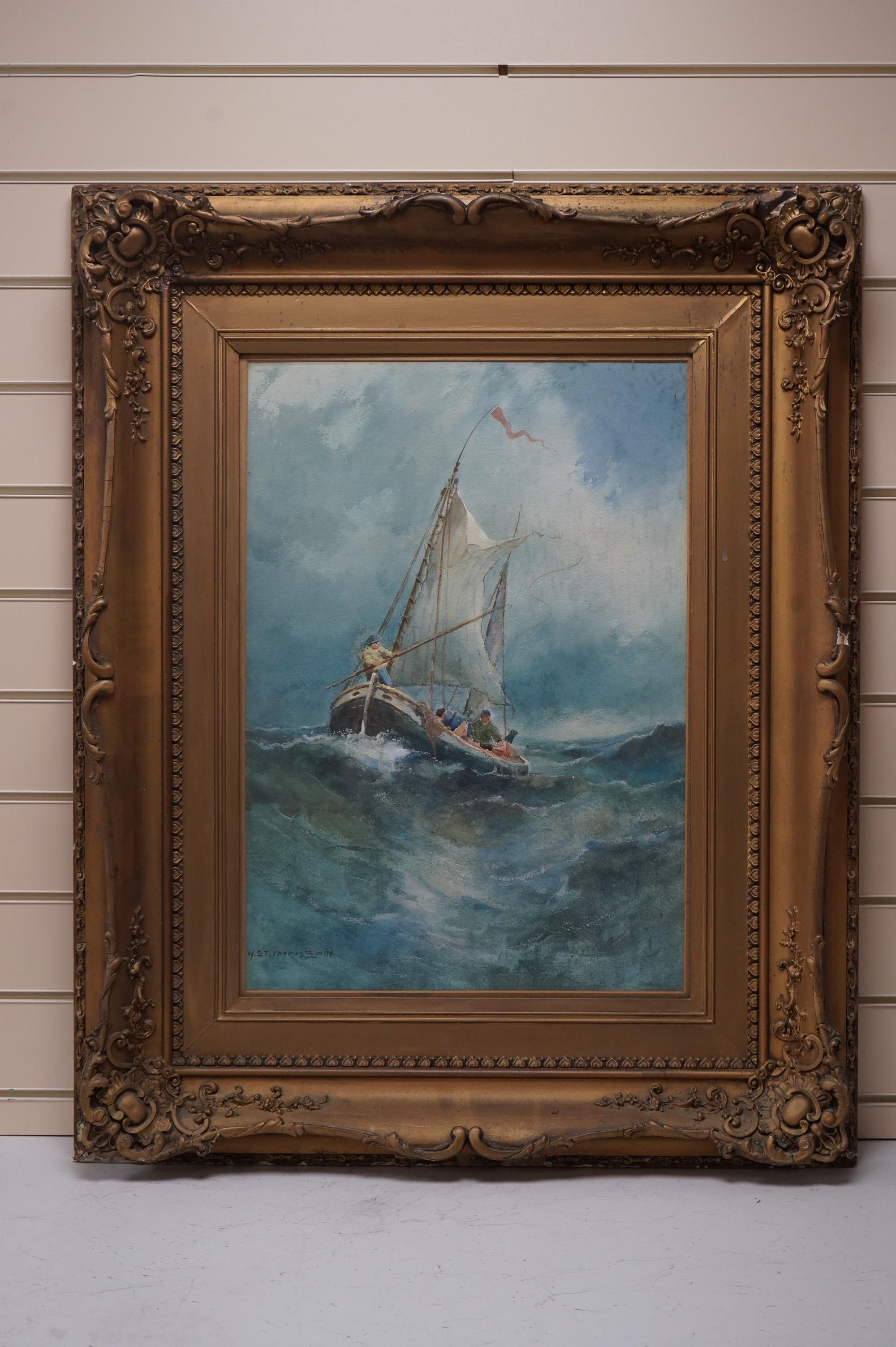 William ‘St. Thomas’ Smith (Canadian, 1862-1947), watercolour, Fishermen at sea, signed, 60 x 41cm, ornate gilt frame. Condition - fair to good